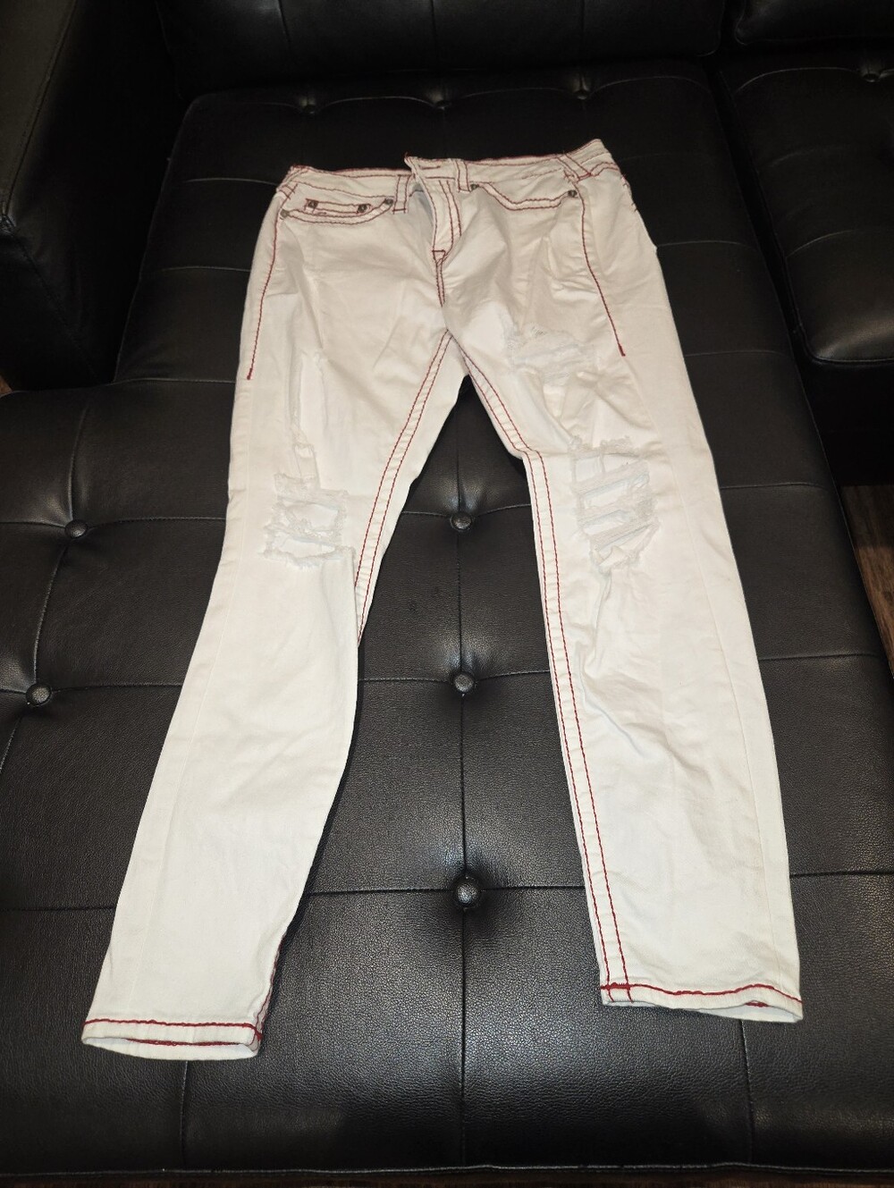 Women'sWhite Distressed Jeans with Red Stitching
